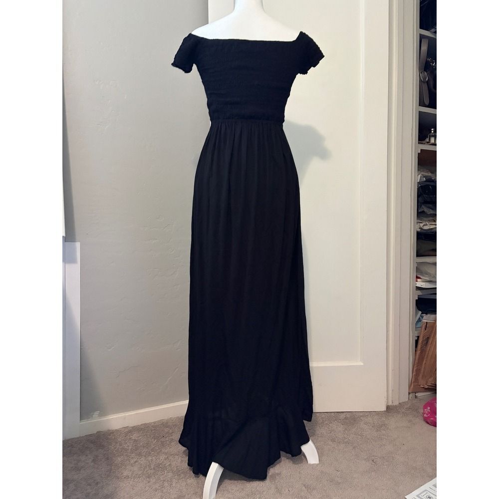 Tiare Hawaii Black Smocked Maxi Dress Size OS Boho Ruffle Hem Hi Low Slit